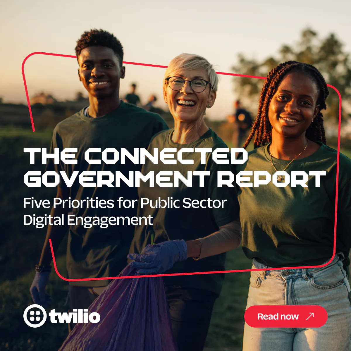 Three people smiling with text 'The Connected Government Report' and 'Five Priorities for Public Sector Digital Engagement'