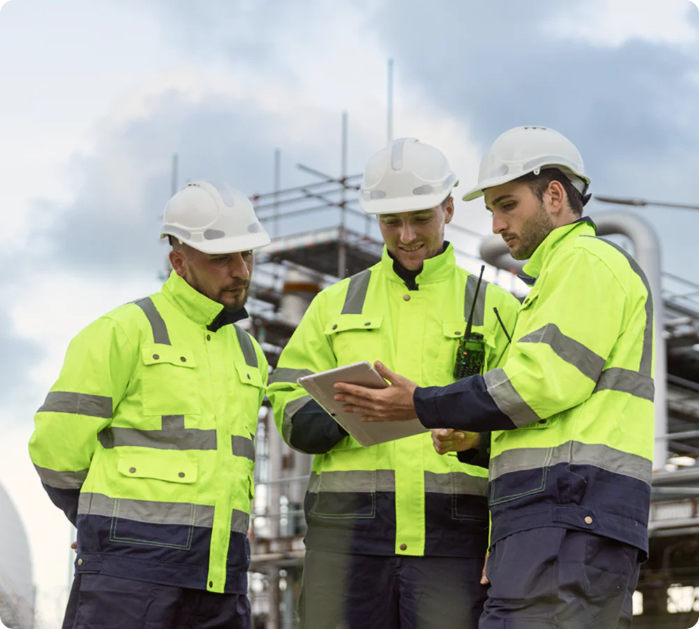 Three engineers in safety gear and helmets looking at a tablet at an industrial site.