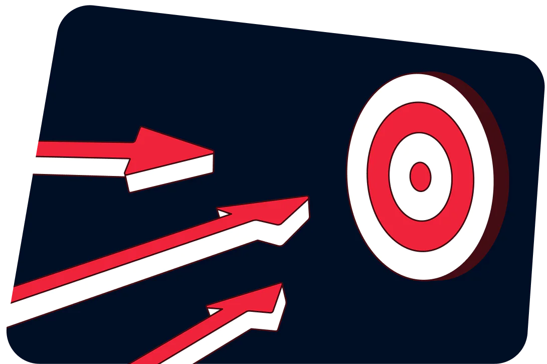 Three red arrows aiming at a red and white target on a dark background. Three red arrows aiming at a red and white target on a dark background.