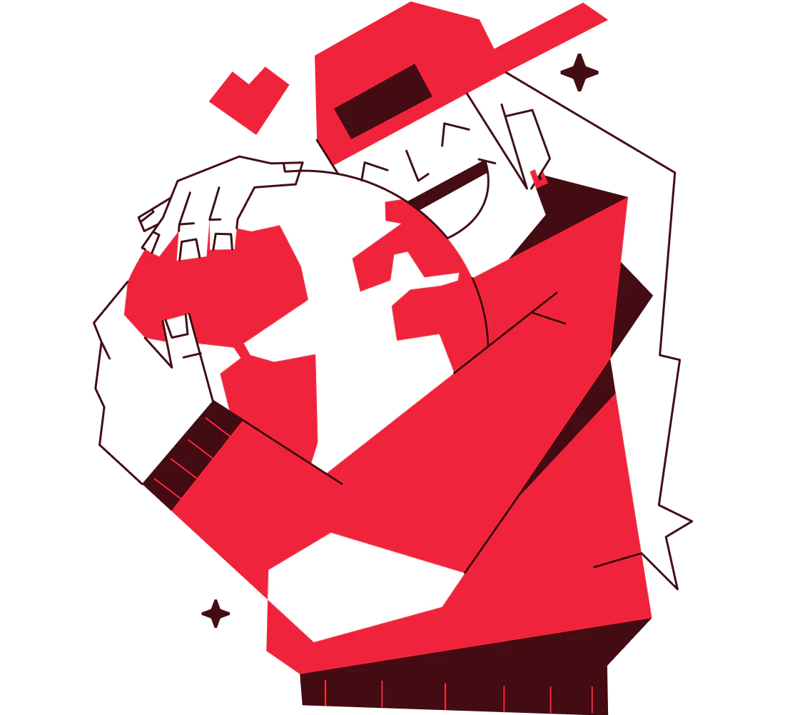 A cartoon character hugging a love-filled globe A cartoon character hugging a love-filled globe