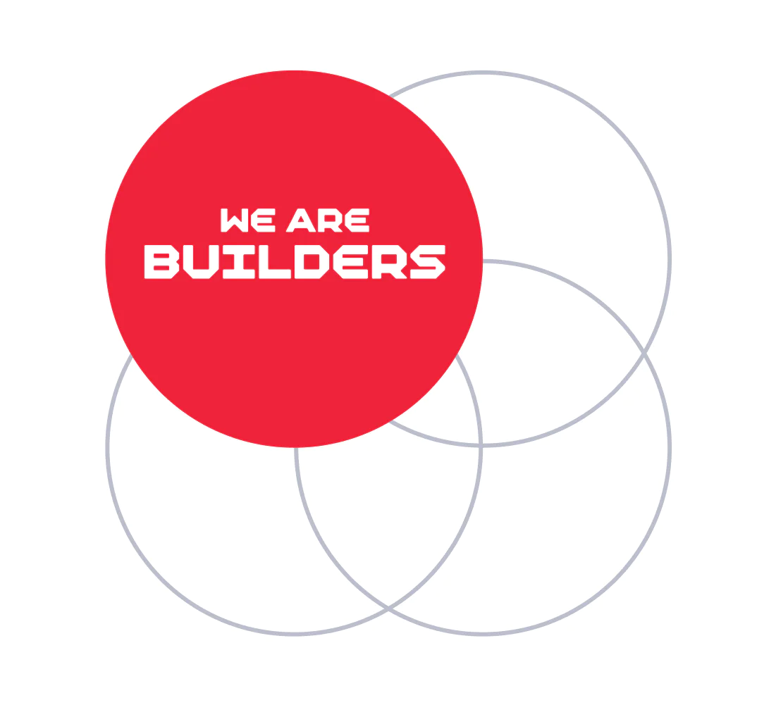 Red circle with text We Are Builders overlaps three thin grey circles on a white background Red circle with text We Are Builders overlaps three thin grey circles on a white background