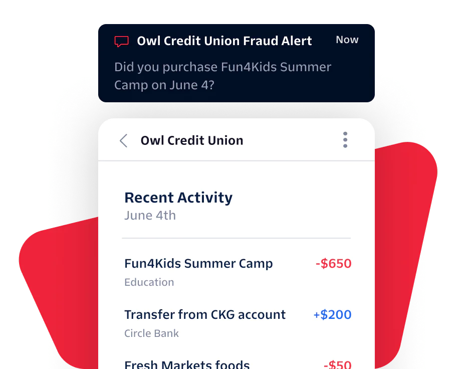 Notification showing a fraud alert message above recent transactions on a mobile banking app. Notification showing a fraud alert message above recent transactions on a mobile banking app.
