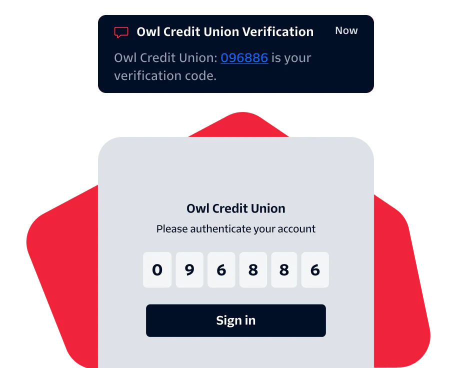 Two-Step Verification Notification and Authentication Screen Owl Credit Union verification code screen with a six-digit code input for account authentication.